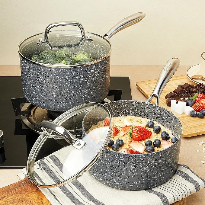 Saucepan Set, Nonstick 2Qt & 3Qt Sauce Pans with Lids, Small Pot with Lid - Natural Granite, Grey