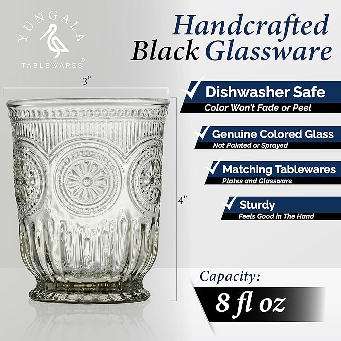 Yungala Black Glassware set of 6 smoke drinking glasses, 8 oz water glasses textured colored vintage glass cups dishwasher safe