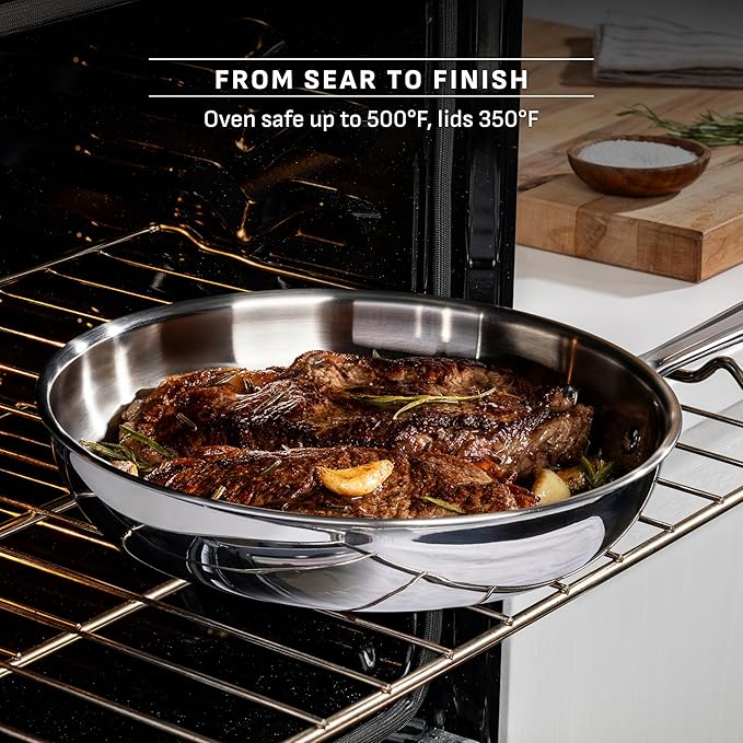 T-Fal Pro Tri-Ply Stainless Steel Fry Pan, 8 Inch, Induction Compatible, Oven Safe 500°F, Fast & Even Heat, Professional Quality & Durability, Frying Pan, Skillet, Cookware, Silver