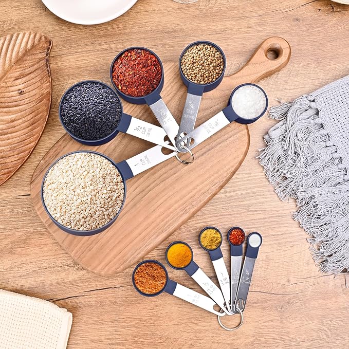 Measuring Cups and Spoons Set, 10 Pieces Nesting Measure Cups and Spoons, Kitchen Essentials Gadgets with Stainless Steel Handle for Dry & Liquid Ingredient, Blue