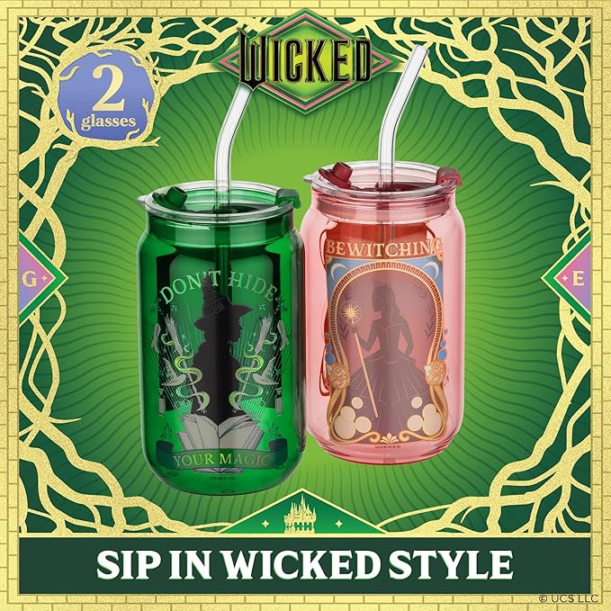 Dragon Glassware x Wicked 16 oz Drinking Glasses Set of 2 - Glass Cups with Lids and Straws - Iced Coffee Cups with Lids - Reusable Glass Tumbler with Straw and Lid - Enchanted