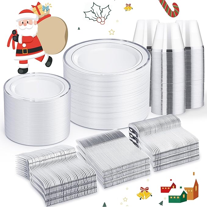 WELLIFE 600 PCS Silver Disposable Dinnerware Set for 100 Guests, Wedding Plates Silver Plastic Plates for Party, 100 Each-Dinner & Salad Plates, Cups, Forks Knives Spoons for Wedding and Anniversary