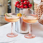 Khen Shatterproof Acrylic Ribbed Vintage Art Deco Martini, Champagne & Cocktail Coral Peach Pink Plastic Coupe Glasses | Set of 2 | 8 oz Ripple Glassware Indoor & Outdoor Gift