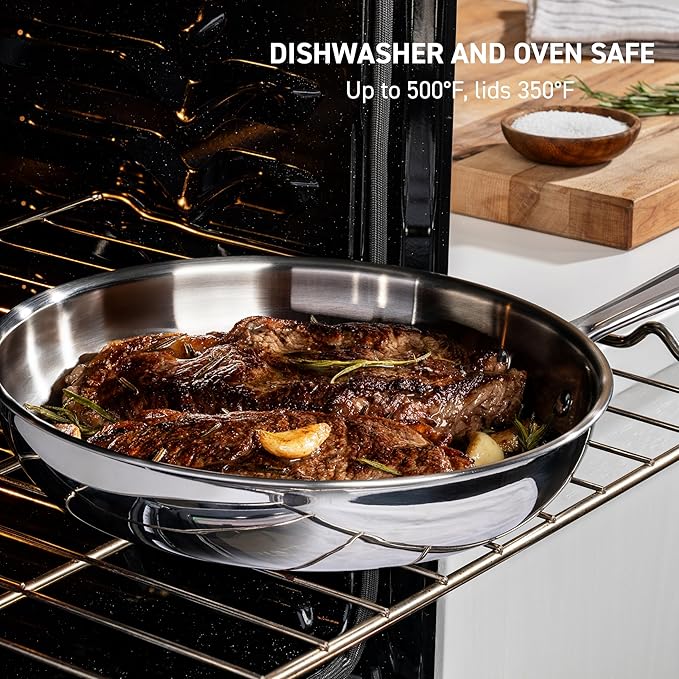 T-Fal Pro Tri-Ply Stainless Steel Saute Pan with Lid, 3 Quart, Induction Pot, Oven Safe 500F, Lid 350F, Deep Frying Pan, Fast & Even Heat, Professional Quality, Durable, Silver