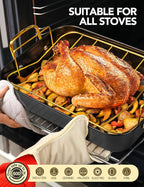 MICHELANGELO Roasting Pan with Rack, Carbon Steel Turkey Roasting Pan for Oven and Induction, Nonstick Turkey Roaster Pan with Stainless Steel Golden Rack & Golden Handle, 15 Inch x 11 Inch
