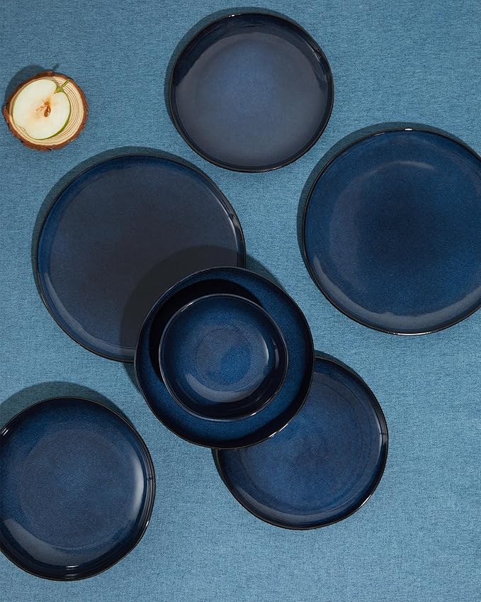 Pokini 18 Piece Stoneware Dish Set for 6, Reactive Glaze Ceramic Plates and Bowls Set | Coastal‑Inspired Irregular Design for Casual Entertaining & Intimate Dinners | Dishwasher & Microwave Safe