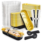 NPLUX 100 Pack Mini Cake Pans with Lids and Spoons Black Gold Rectangular Aluminum Foil Baking Pans Mini Cheesecake Containers(6.8oz)