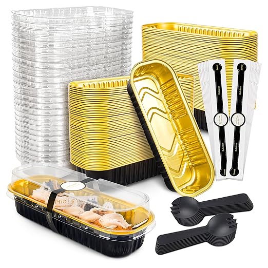 NPLUX 100 Pack Mini Cake Pans with Lids and Spoons Black Gold Rectangular Aluminum Foil Baking Pans Mini Cheesecake Containers(6.8oz)
