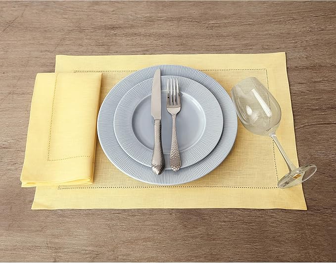 Solino Home Linen Placemats Set of 4 - Classic Hemstitch Yellow Placemats 14 x 19 Inch - 100% Pure Linen Table Mats for Valentines
