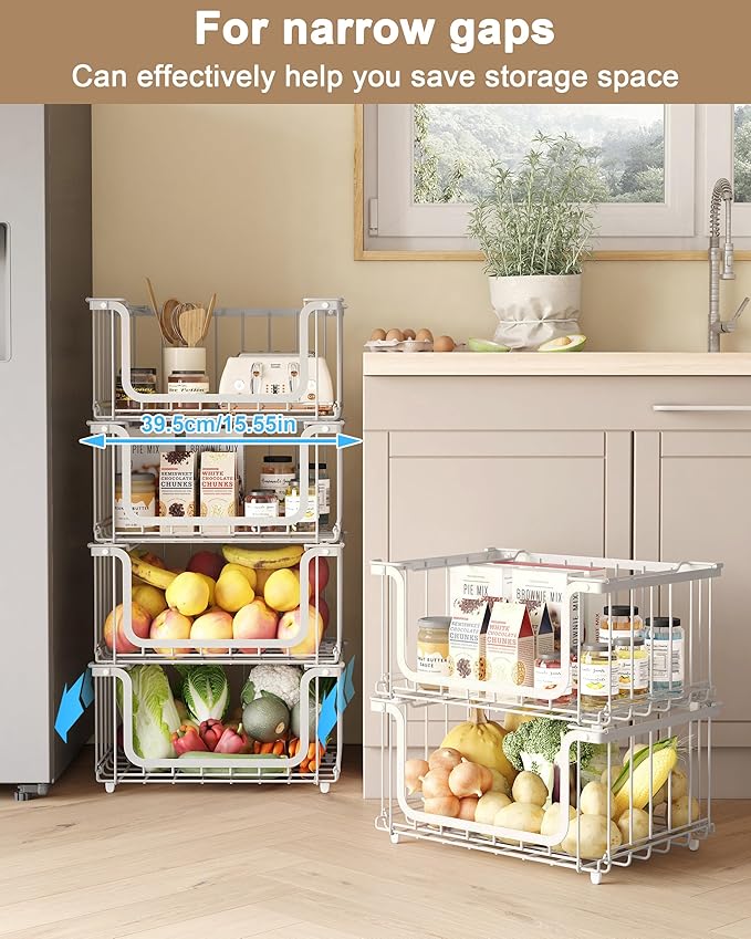 UMDONX 4 Pack Stackable Wire Baskets Storage Bins for Fruits, Vegetables, Potatoes & Onions | Pantry, Countertop, Laundry Organizer | Heavy Duty & Space Saving White