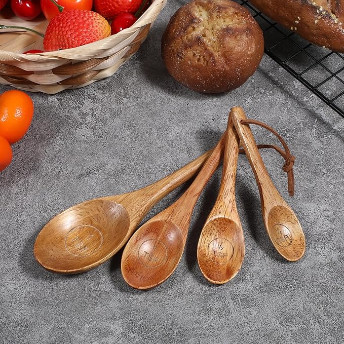 Set of 4 Wooden Measuring Spoons Measuring Spoons Cups Baking Utensil Natural Wooden Measuring Set for Dry Ingredients Coffee Powder (1TBSP+1TSP+1/2TSP+1/4TSP)