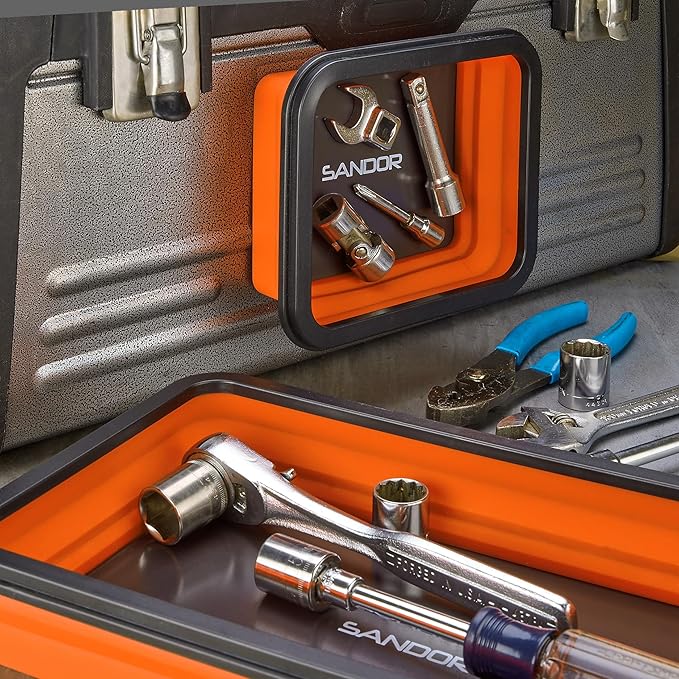 SANDOR Collapsible Magnetic Parts Tray Set - 3 Different Size Tool Trays for Screw, Bolts, Nuts, Washers, Pins and Other Small Metal Parts, Mechanic Tool Gifts for Men - Orange