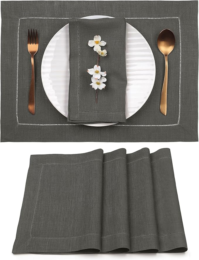 D'Moksha Homes Linen Placemats Set of 4 - Classic Hemstitch Charcoal Grey Placemats 14 x 19 Inch - 100% Pure Linen Table Mats for Holiday, New Year - Handcrafted and Machine Washable