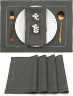D'Moksha Homes Linen Placemats Set of 4 - Classic Hemstitch Charcoal Grey Placemats 14 x 19 Inch - 100% Pure Linen Table Mats for Holiday, New Year - Handcrafted and Machine Washable
