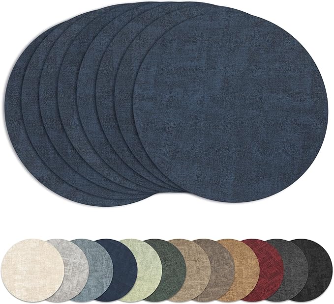 13" Round Placemats Set of 8, Reversible Faux Leather Heat Resistant Table Mats, 100% Waterproof Oilproof Wipeable Table Protective Placemats for Vinyl, Washable for Indoor (8, Navy Blue)