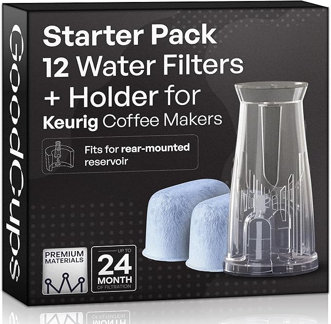 Water Filter Holder and 12 Water Filters for Keurig K-Compact, K-Duo Hot & Iced, K-Duo, K-Duo Essentials, K-Latte - for Use in All Keurig Brewers with Water Reservoir Shorter than 8” Tall