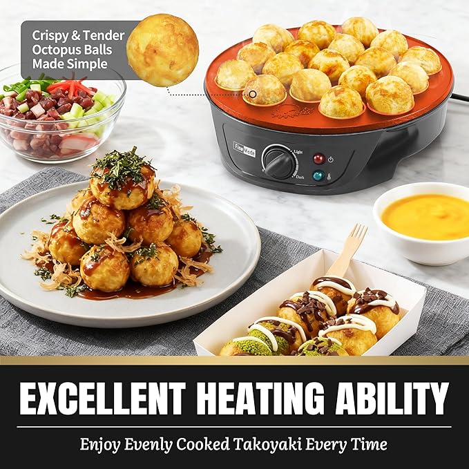 Takoyaki Maker Pan with Temperature Control, Tools and Recipes, Make 18 Japanese Octopus Balls at once, Easy to Use and Store