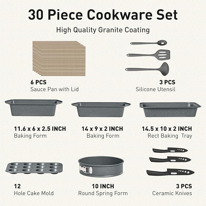 DishDelight Induction Pots and Pans Set Non Stick, 30 Piece Nonstick Kitchen Cookware Sets, Gray Cooking Pan Set, PFOA & PFOS Free