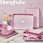 HONGBAKE 9-Piece Baking Pans Set Nonstick, Stackable Non Toxic Bakeware Sets with Diamond Texture, Oven Pan Set for Cooking, Includes Cookie Sheet with Rack, Cake Pan, Roasting Pan, Muffin Tin, Pink
