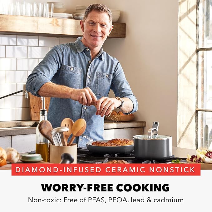 GreenPan x Bobby Flay 1.67QT Nonstick Saucepan with Glass Lid, PFAS-Free Diamond Ceramic, Induction Suitable, Stay-Cool Silicone Handle, Easy Clean Dishwasher & Oven Safe, Chef Pan, Graphite