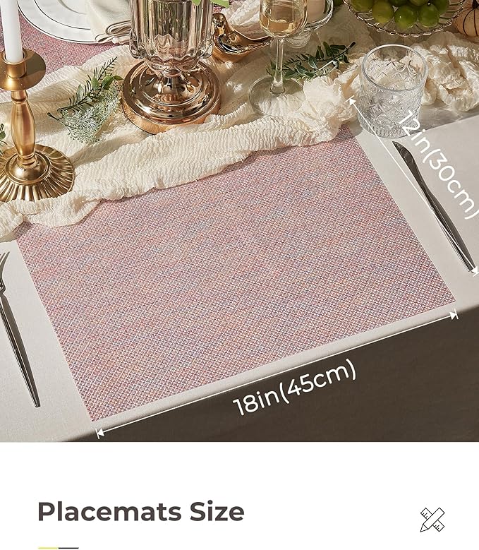 Leetaltree Luxury Pink Iridescent Placemats Set of 12 - Waterproof Washable for Wedding, Anniversary, Festive and Daily Use - Sparkling Table Mats Table Decor - Hand-Cut