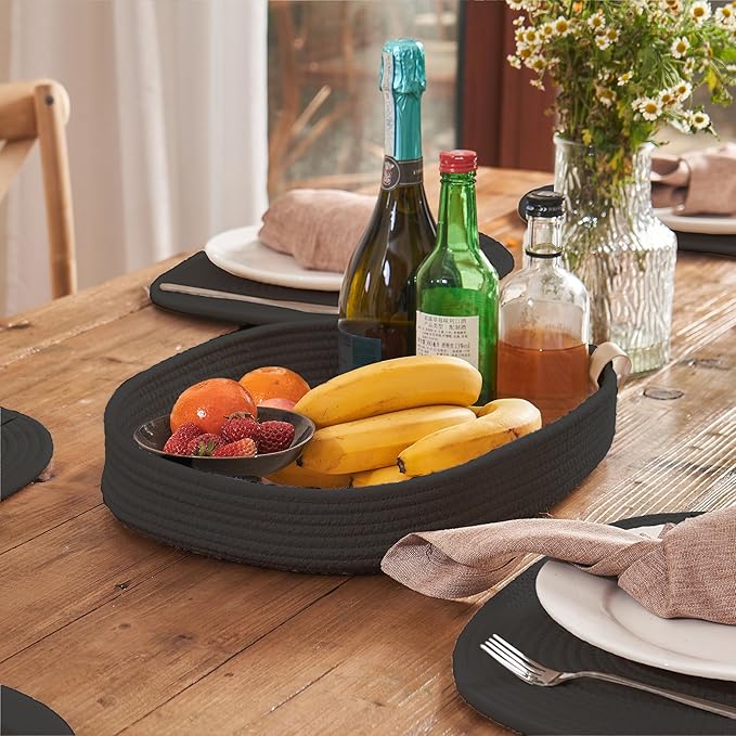 Placemats Set of 6 Oval – Woven Boho Farmhouse Table Mats for Dining Table for 6, Kitchen Decor, Washable and Handmade Rustic Table Accessories(Oval, Black)