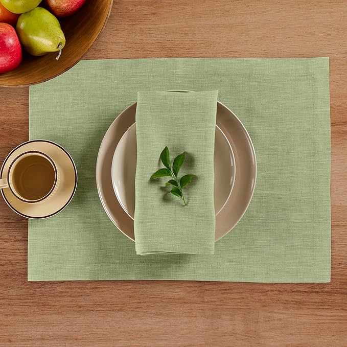 Solino Home Linen Cloth Placemats Set of 4-100% Pure Linen Chambray Olive Placemats 14 x 19 Inch for New Year - Athena