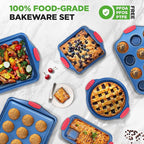 NutriChef 6-Piece Bakeware Set - Nonstick Carbon Steel Baking Pans with Red Silicone Handles, Blue Coating, Durable & Stain-Resistant, Perfect for Baking Cakes, Muffins, Cookies (Blue)