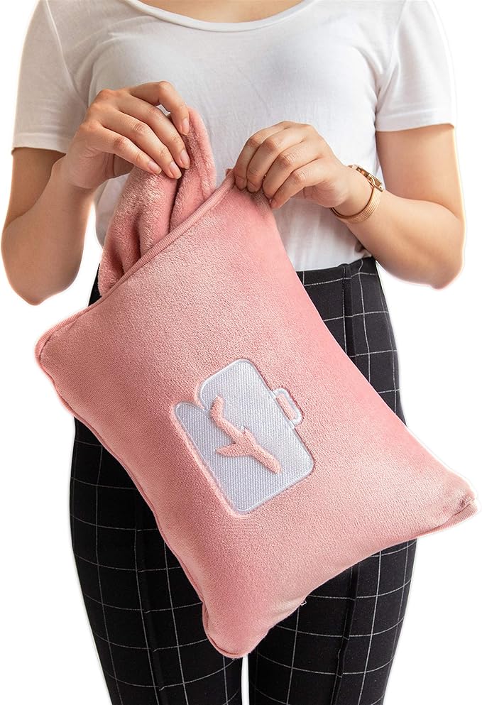 EverSnug Travel Friendly Blanket and Pillow Bundle – Airplane Travel Essentials with Soft Bag Pillowcase for Women & Kids | Color Includes Pink & Teal