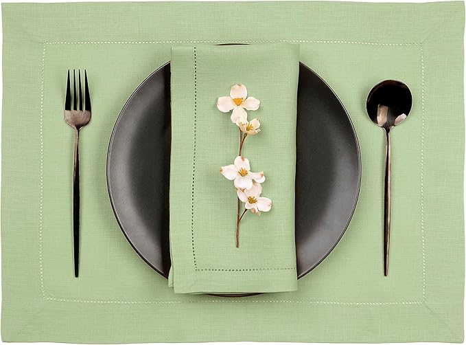 D'Moksha Homes Sage Green Linen Cloth Placemats Set of 4-100% Pure Linen Hemstitch Placemats 14 x 19 Inch - Classic Hemstitch Table Place Mats for Winter - Handcrafted and Machine Washable