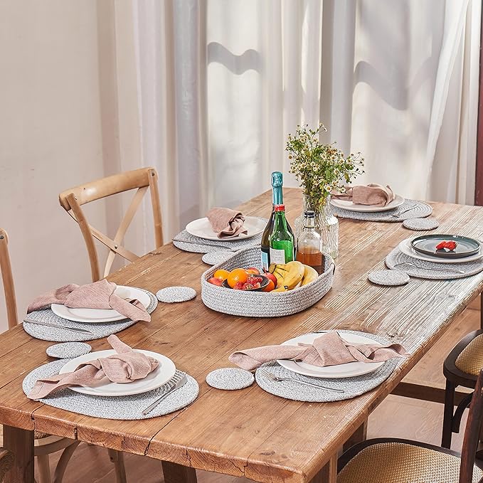 Placemats Set of 6 Oval – Woven Boho Farmhouse Table Mats for Dining Table for 6, Kitchen Decor, Washable and Handmade Rustic Table Accessories (Oval Plus, Gray Mixed)