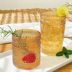Kate Aspen Vintage Textured Amber Striped Drinking Glasses Set of 6-13 oz Ribbed Glassware with Flower Design | Cocktail Set, Juice Glass, Iced Coffee Cup