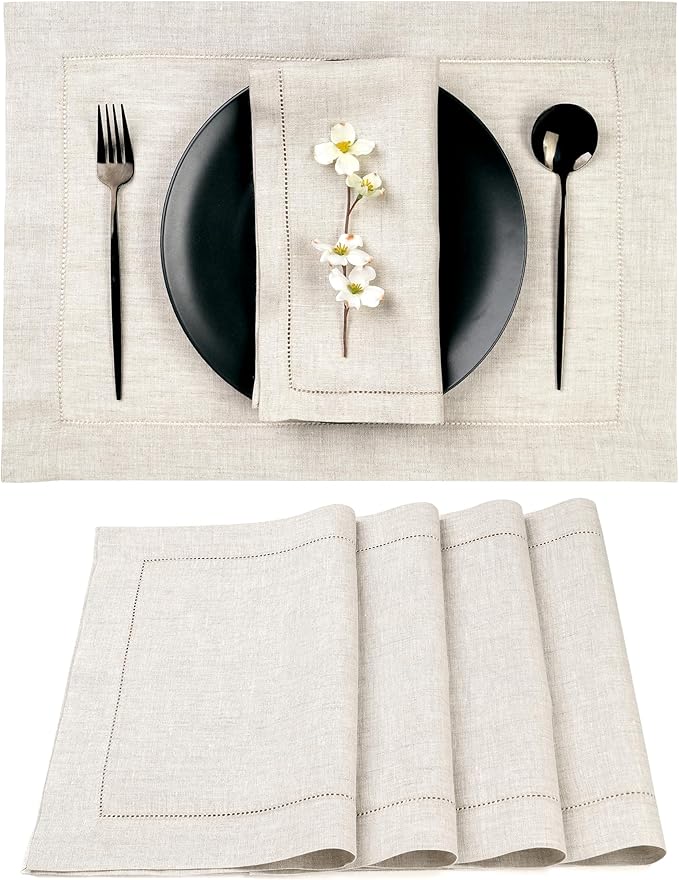D'Moksha Homes Light Natural Linen Cloth Placemats Set of 4-100% Pure Linen Hemstitch Placemats 14 x 19 Inch - Classic Hemstitch Table Place Mats for Valentines - Handcrafted, Machine Washable