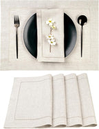 D'Moksha Homes Light Natural Linen Cloth Placemats Set of 4-100% Pure Linen Hemstitch Placemats 14 x 19 Inch - Classic Hemstitch Table Place Mats for Valentines - Handcrafted, Machine Washable