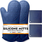 BPA-Free Soft Silicone 4 Piece Oven Mitts & Trivets Set - Ultra Heat Resistant Oven Mitts with Thick Cotton Liner - Long Slip Resistant Pot Holders, Flexible Oven Gloves - Royal Blue