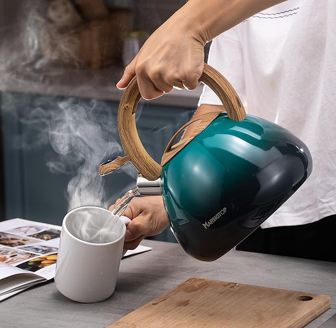 MARSKITOP Whistling Tea Kettle for Stove Top 2.6 Quart, Food Grade Stainless Steel Teapot for Stovetop with Cool Touch Ergonomic Handle, Tea Pot for Stove Induction Cooktop, Green