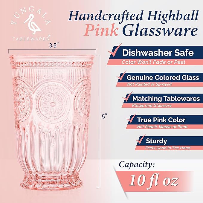 Yungala Pink Highball Glasses Set of 6 Tall Drinking Glasses 10 oz