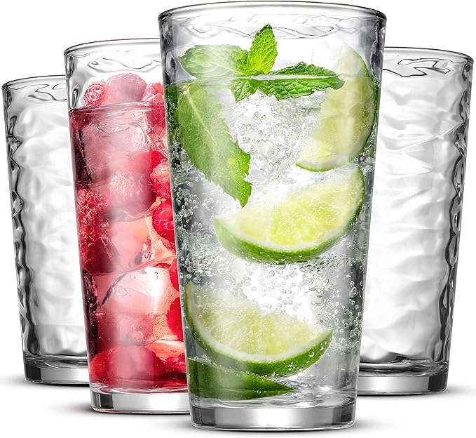 Biscayne Glassware Set, 24-Piece, Mixed Sizes with 16oz Cooler, 13oz DOF, 7 oz Juice and 3oz Shot Glasses - 6 Each Size = 24 Glasses