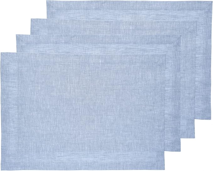 Solino Home Linen Cloth Placemats Set of 4-100% Pure Linen Chambray Blue Placemats 14 x 19 Inch - Athena - Winter, New Year