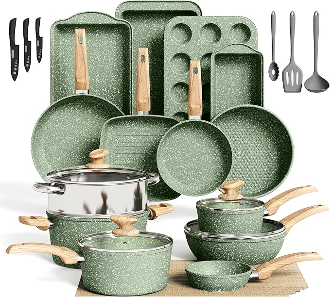 30 Piece Pots and Pans Set Non Stick, Granite Induction Cookware Sets, Nonstick Kitchen Cookware Sets, Non Toxic Cookware Set with Frying Pans and Saucepan, Kitchen Pots and Pans Set, Green