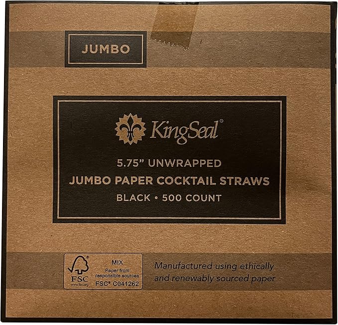 500 Count | Kingseal FSC Certified Paper Cocktail Straws, Stirrers, Unwrapped, 5.75 Inch Length x 6mm Diameter, BLACK, "Jumbo" Size, Biodegradable, Earth Friendly, Bulk Pack - 1 Box of 500