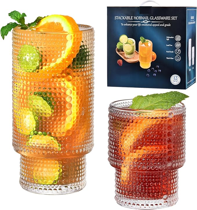 ISMASOAN Hobnail Drinking Glasses Set of 12, Stackable Glasses 12 oz and 7 oz, Bubble Glasses Drinking, Vintage Glassware, Beaded Glassware, Highball Glasses, Gift Box Set