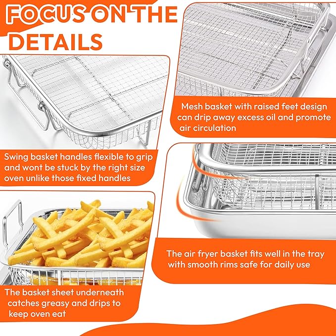 15.6" X 11.6" Large Air Fryer Basket for Oven, Oven Air Fryer Basket and Tray Set With 30PCS Parchment Papers, Stainless Steel Air Fryer Pan and Crisper Tray for Frying Baking