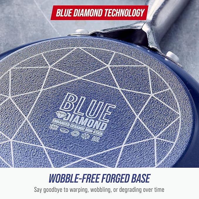 Blue Diamond 5QT Saute Pan with Lid, Non Toxic PFAS-Free Diamond Ceramic Nonstick, Dishwasher & Oven Safe, Metal Utensil Safe, Deep Jumbo Cooker Skillet with Helper Handle, Glass Lid, Blue