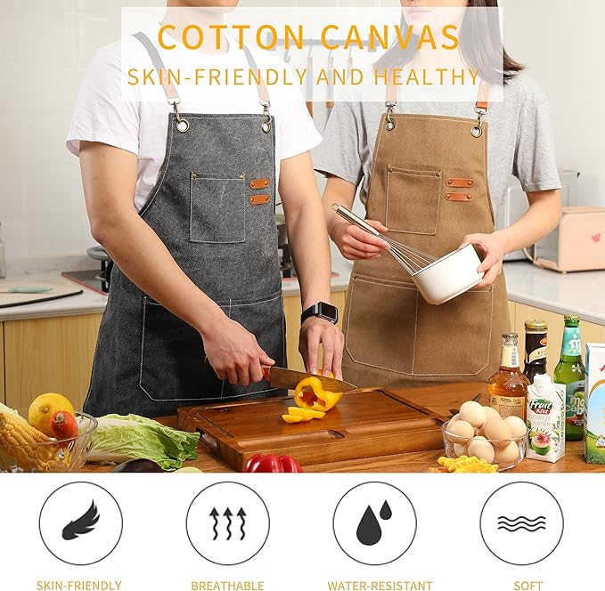 Tosewever Canvas Cross Back Chef Cotton Aprons for Men Women with Large Pockets