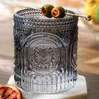 Ribbed Retro Arch Floral Smoke Grey Drinking Glasses Set of 6, (10 oz) Vintage Glassware Set by Kate Aspen| Cocktail Glass Set, Juice Glass, Water Cups | Hostess Gift & Present for New Home Owners