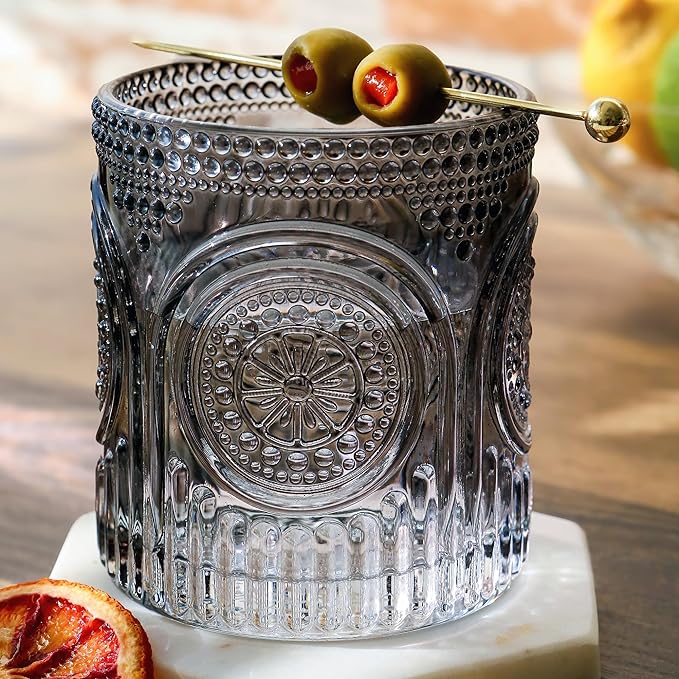 Ribbed Retro Arch Floral Smoke Grey Drinking Glasses Set of 6, (10 oz) Vintage Glassware Set by Kate Aspen| Cocktail Glass Set, Juice Glass, Water Cups | Hostess Gift & Present for New Home Owners