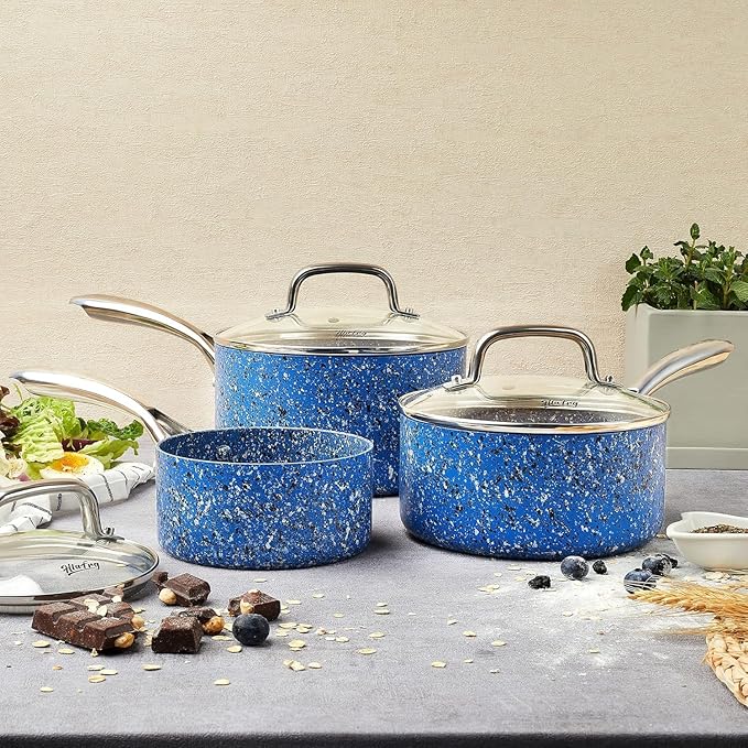 Kitchen Granite Nonstick 1 Quart and 2 Quart Sauce Pan Set with Lid, Multipurpose Pots Set Use for Home Kitchen or Restaurant, Blue