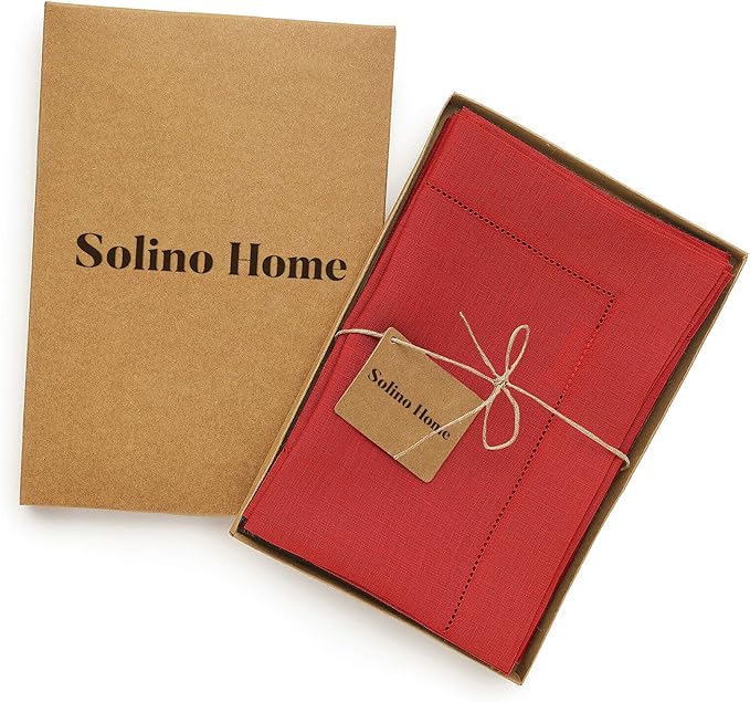 Solino Home Red Linen Napkins Set of 4-100% Pure Linen Hemstitch Dinner Napkins 20 x 20 Inch for Valentines, Holiday, Winter, New Year - Classic Hemstitch