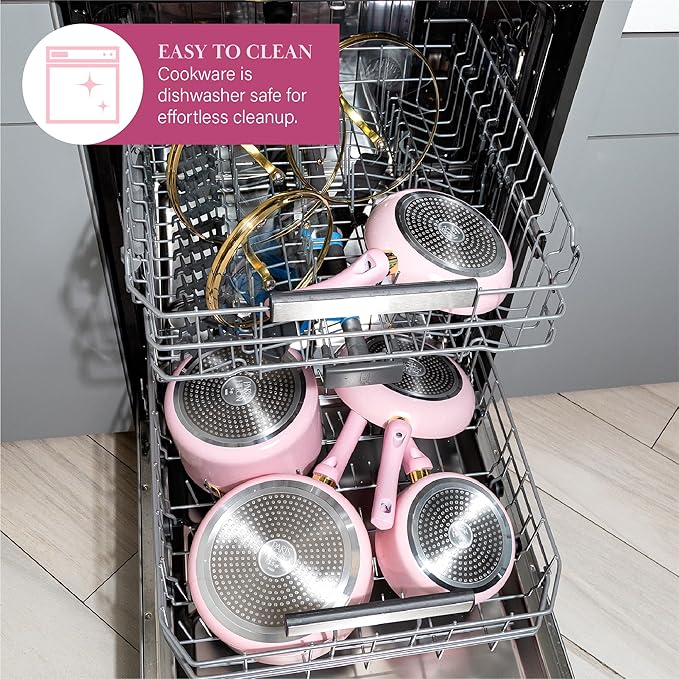 Paris Hilton Epic Nonstick Pots and Pans Set, Multi-layer Nonstick Coating, Tempered Glass Lids, Soft Touch, Stay Cool Handles, Made without PFOA, Dishwasher Safe Cookware Set, 12-Piece, Pink